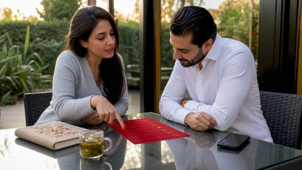 Engaged couple reviewing wedding reception timeline