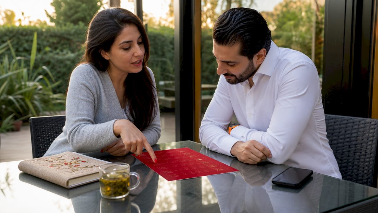 Engaged couple reviewing wedding reception timeline