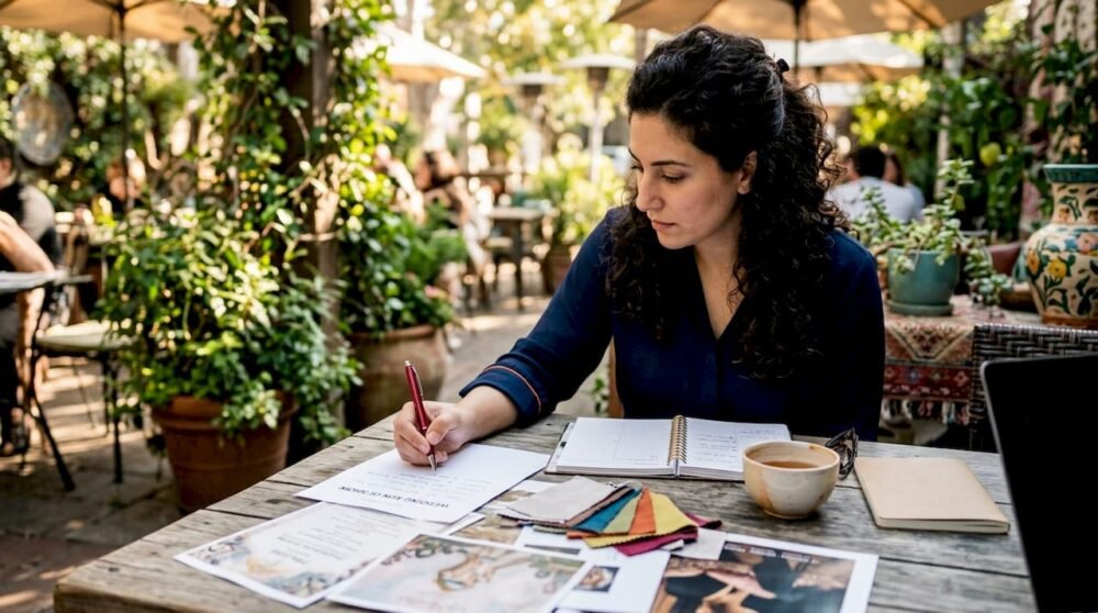 Event planner reviewing cultural fusion event materials
