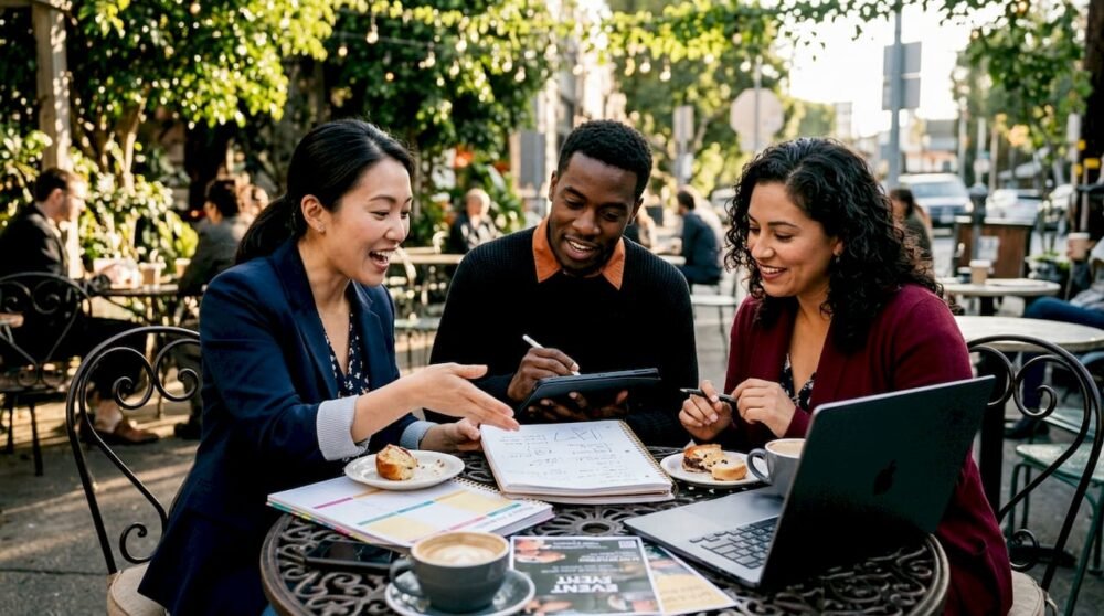 Diverse event planners collaborating on multicultural event