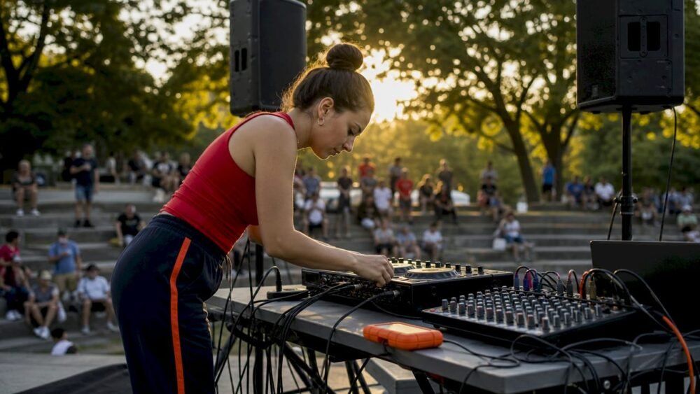 DJ setting up sports event audio equipment outdoors