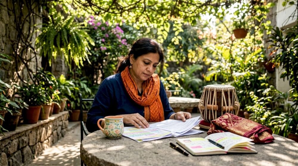Planner reviewing traditional music event materials