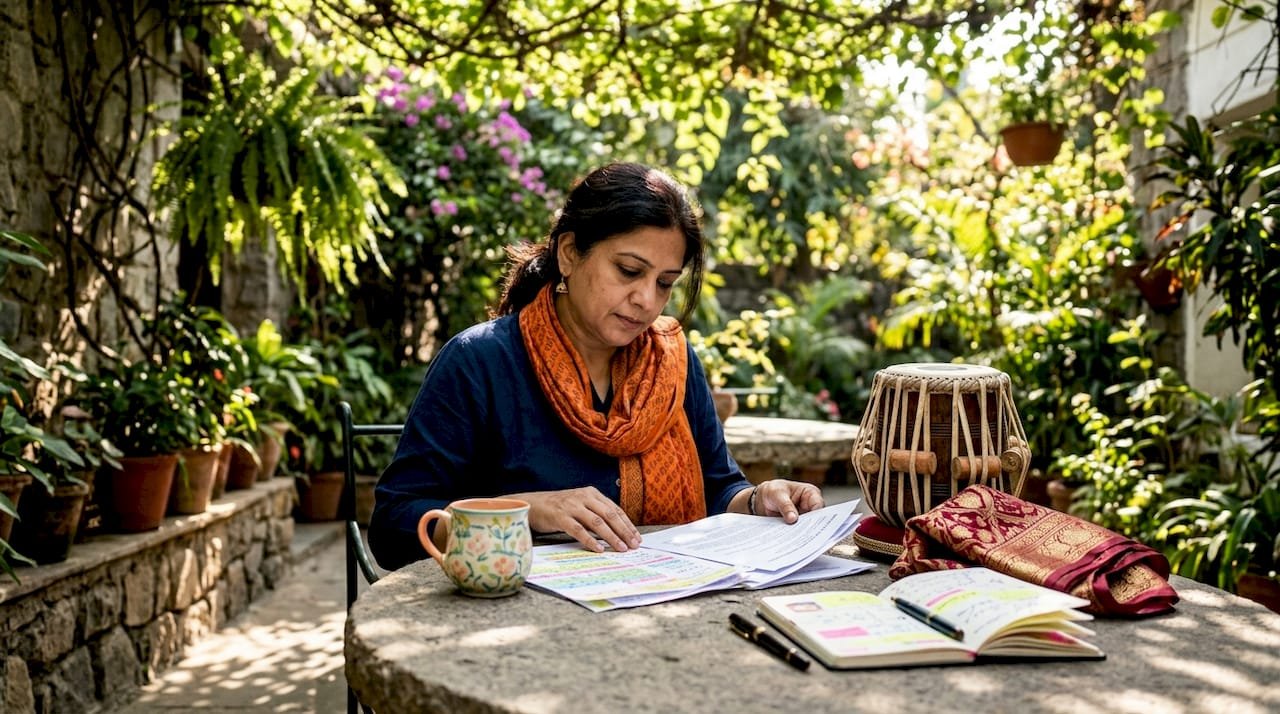 Planner reviewing traditional music event materials