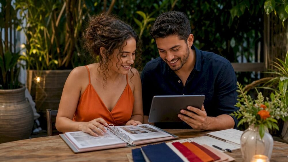 Couple planning wedding music at home table