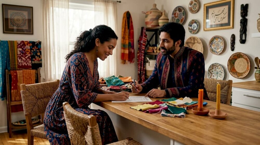 Couple planning multicultural wedding music playlist