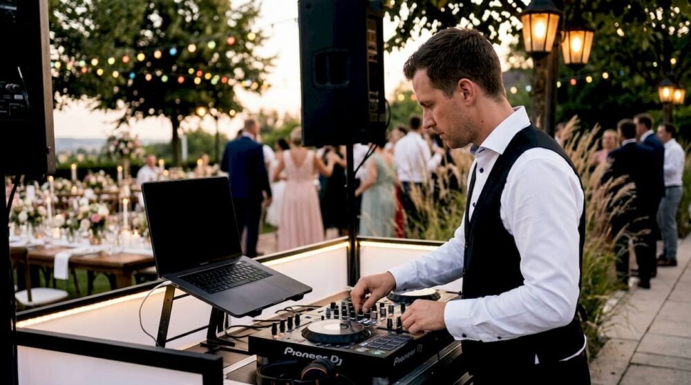 Wedding DJ at reception with equipment setup