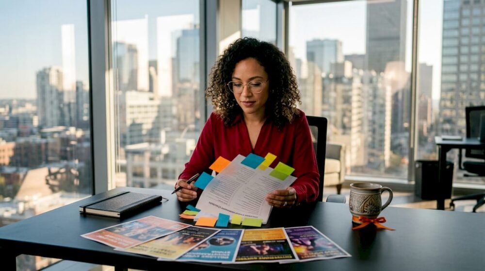 Event planner reviewing inclusivity checklist at table