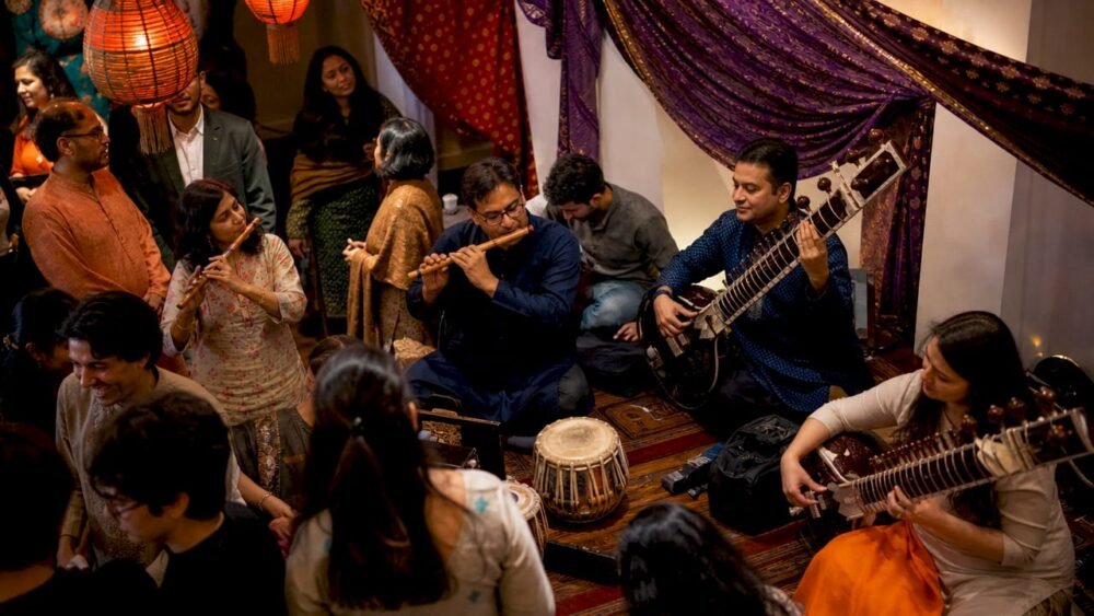 Diverse group performing traditional music outdoors