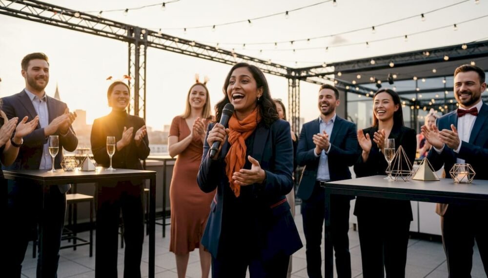 Guests engaging in interactive corporate party game