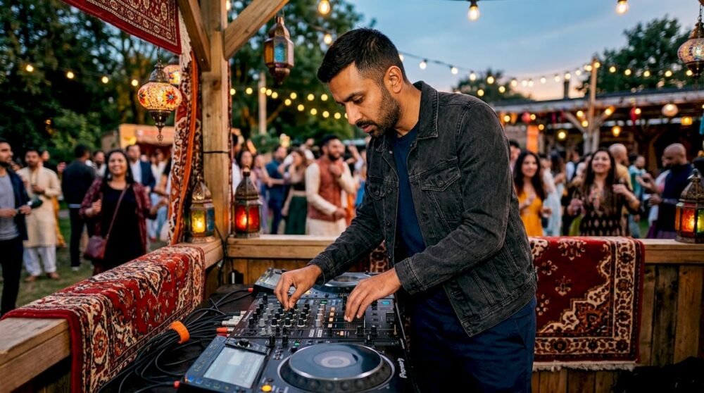 DJ mixing music at multicultural wedding event