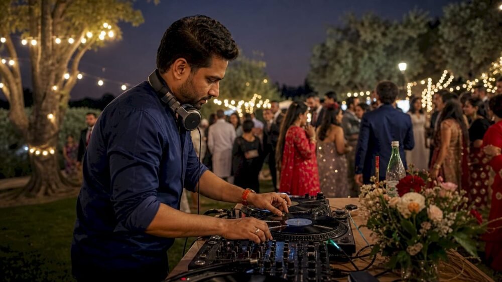 DJ mixing at multicultural wedding event