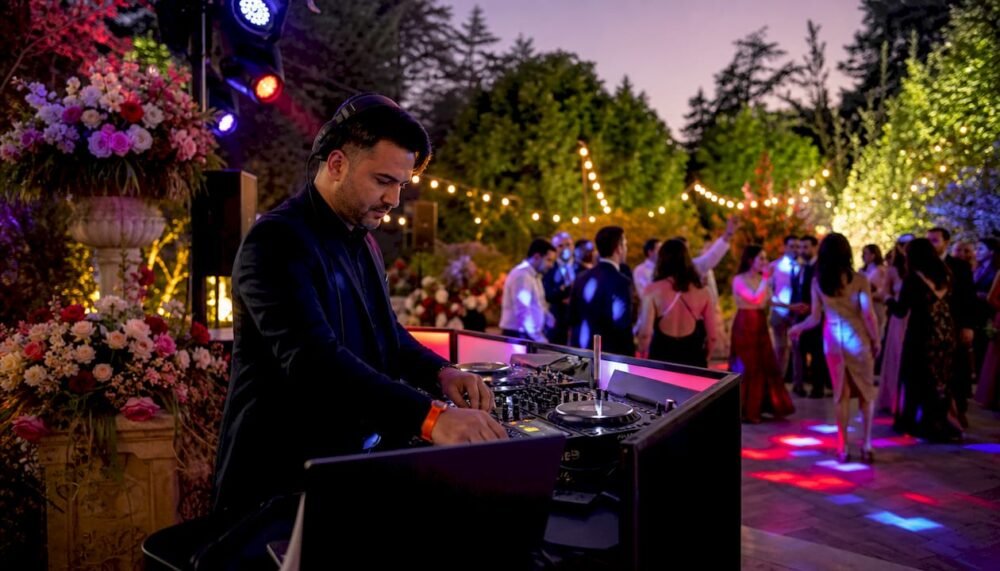 Wedding DJ managing colorful lighting effects