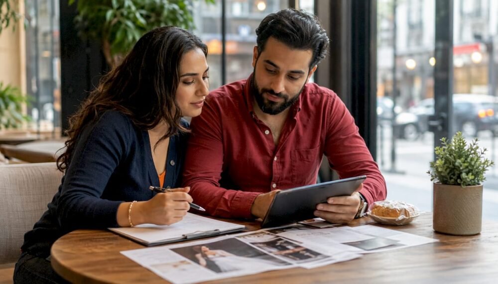 Couple reviewing wedding entertainment documents