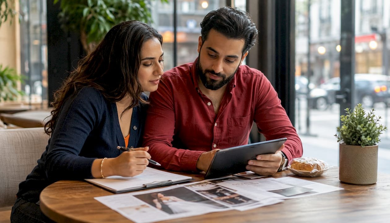 Couple reviewing wedding entertainment documents