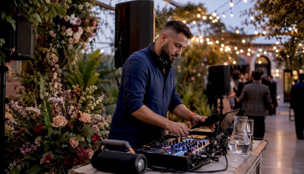 Destination wedding DJ setting up outdoor audio equipment