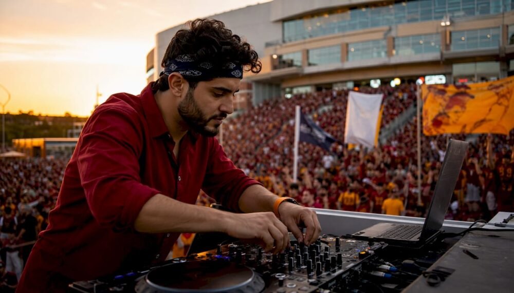 DJ hyping crowd at basketball arena