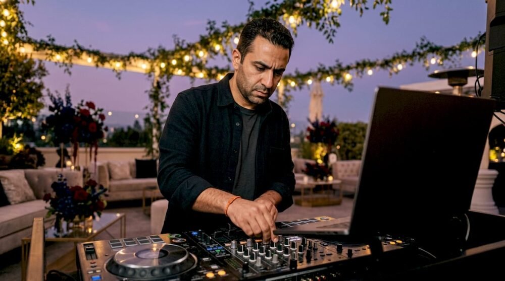 VIP DJ adjusting mixer at upscale event