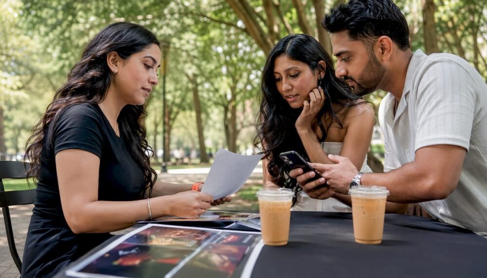 DJ consulting clients over intake form in café