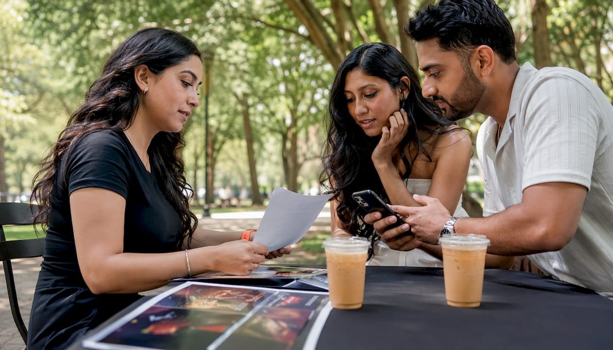 DJ consulting clients over intake form in café