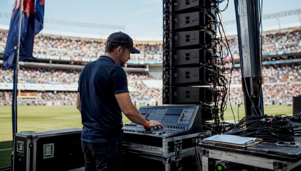 Audio engineer inspecting stadium PA system outdoors