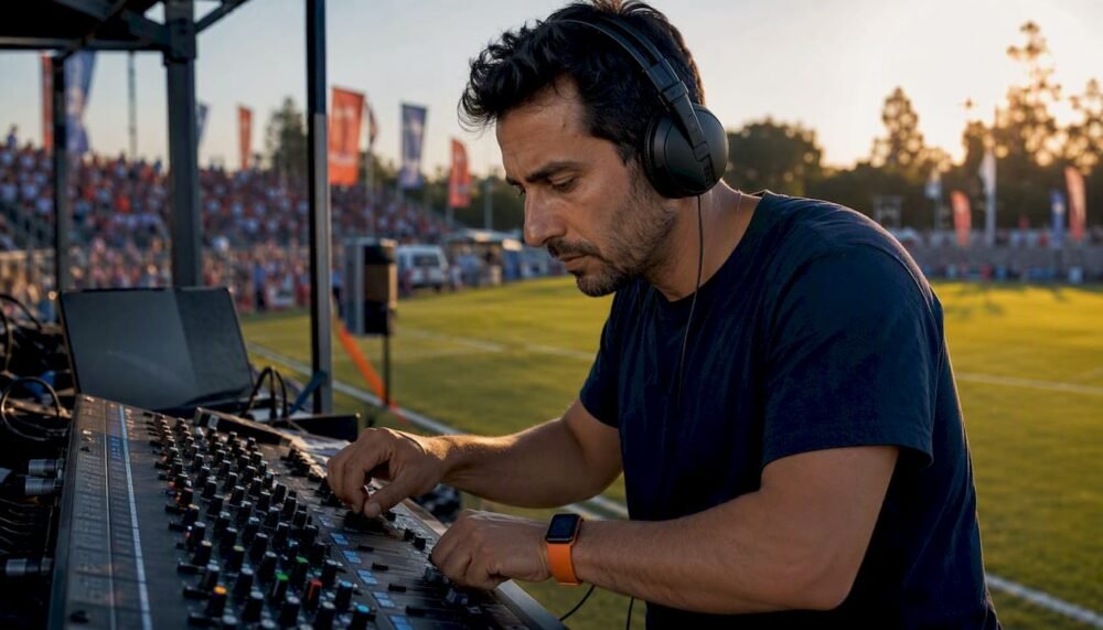 Sound engineer adjusting arena mixing console