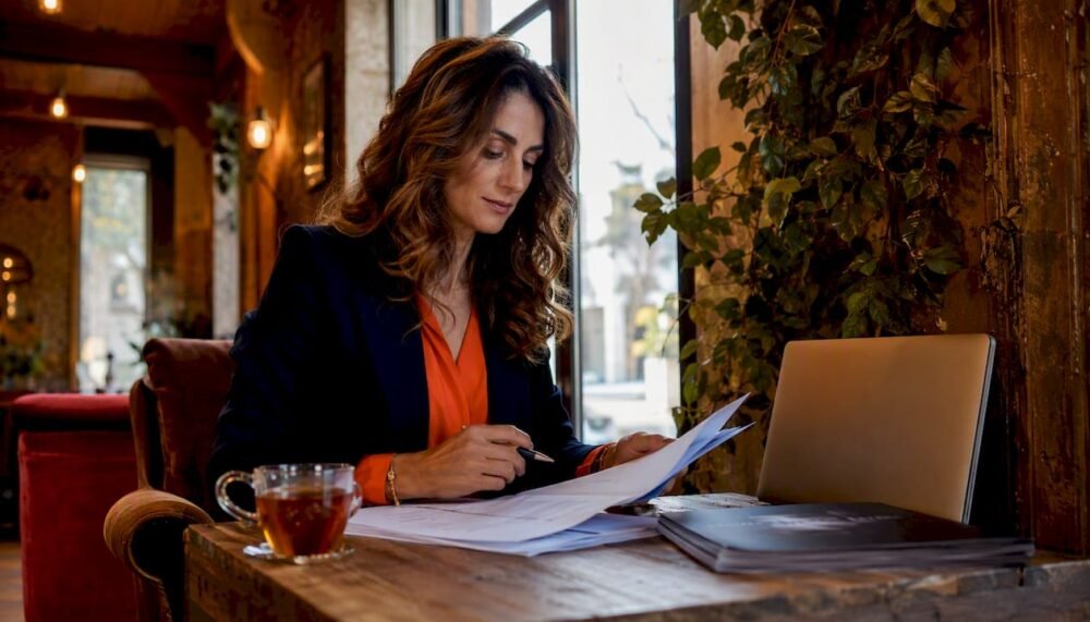 Corporate event planner reviewing plans at table