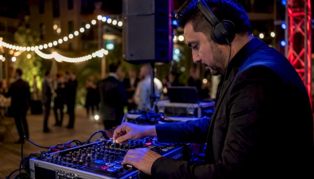 DJ adjusting sound mixer at networking event