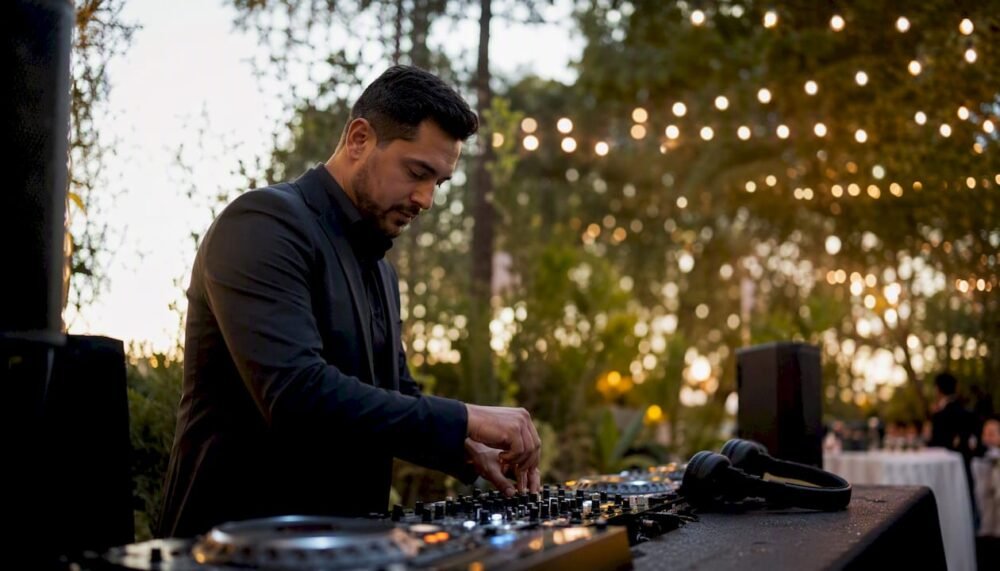 DJ adjusting mixer in upscale wedding venue