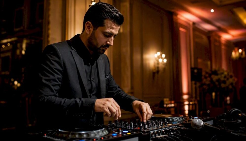 DJ hands on mixing console at gala