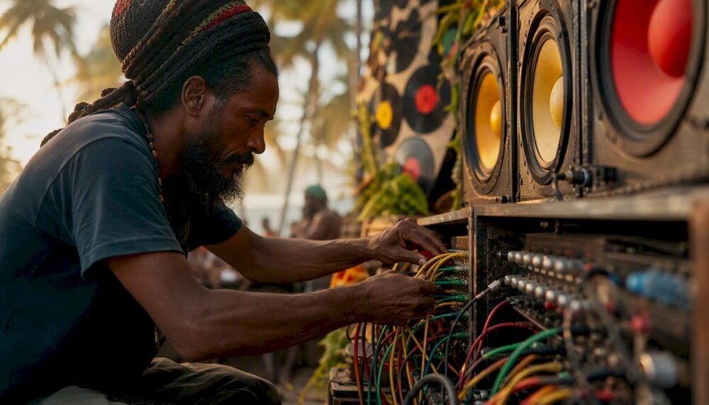 DJ connecting reggae sound system cables outdoors