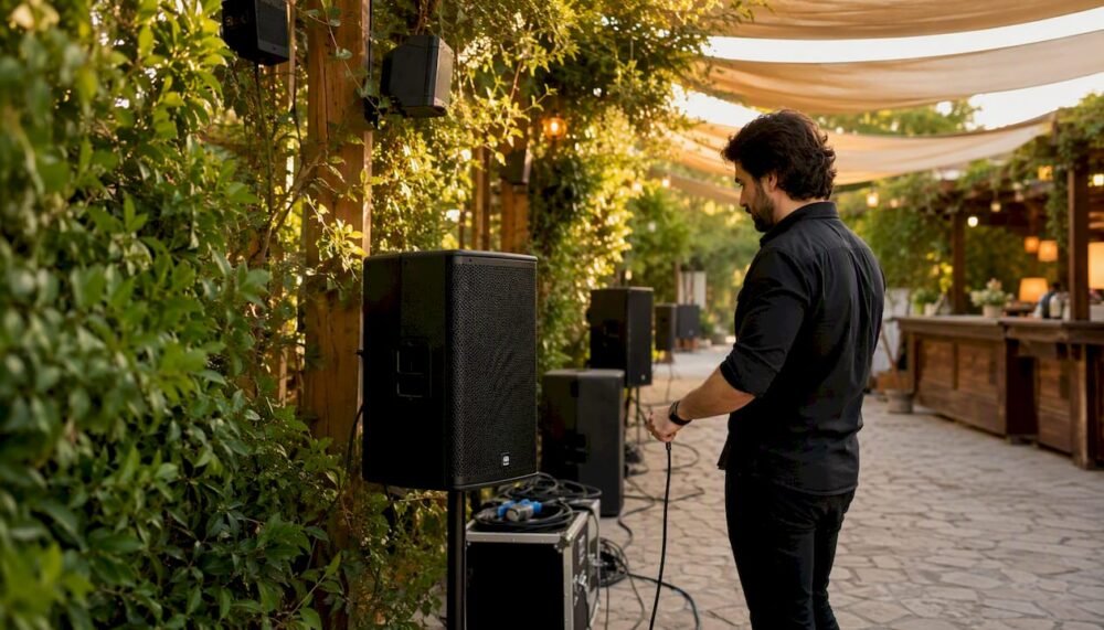 Sound engineer testing venue audio equipment