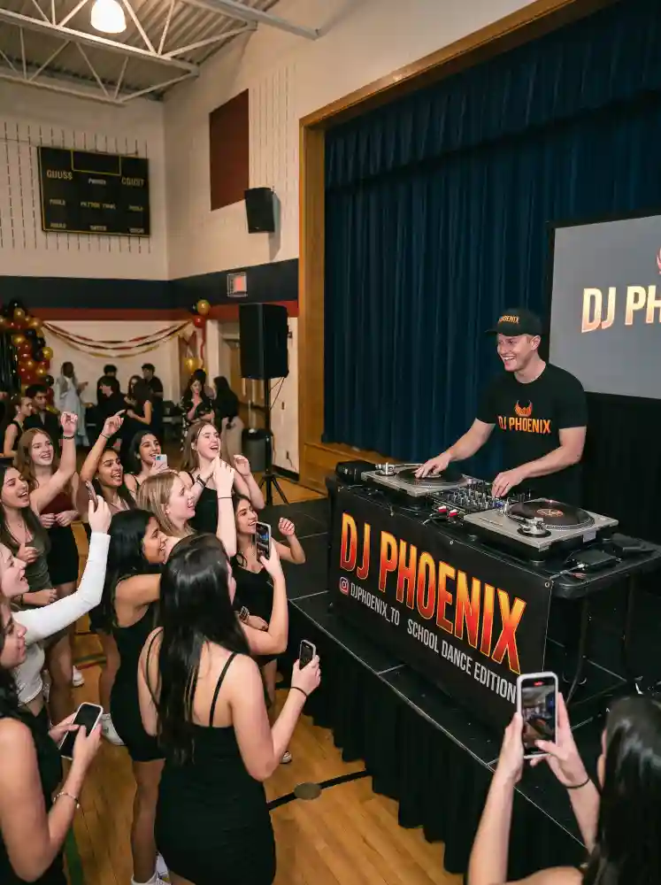 Indoor prom DJ setup featuring intelligent moving head lighting and audio in a Toronto hall